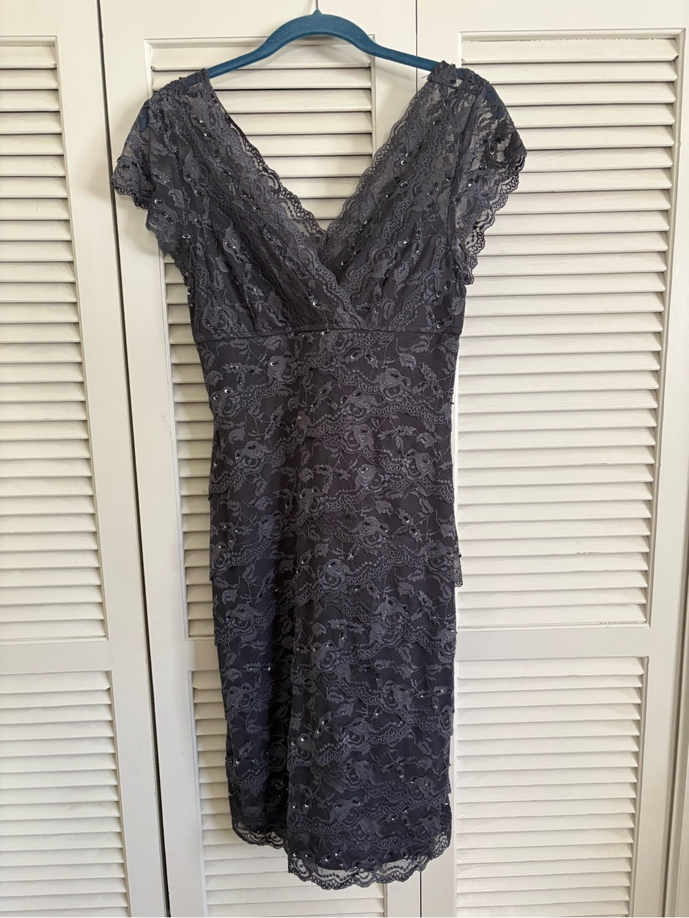 MARINA Slate Gray Lace V-Neck Cap Sleeve Dress